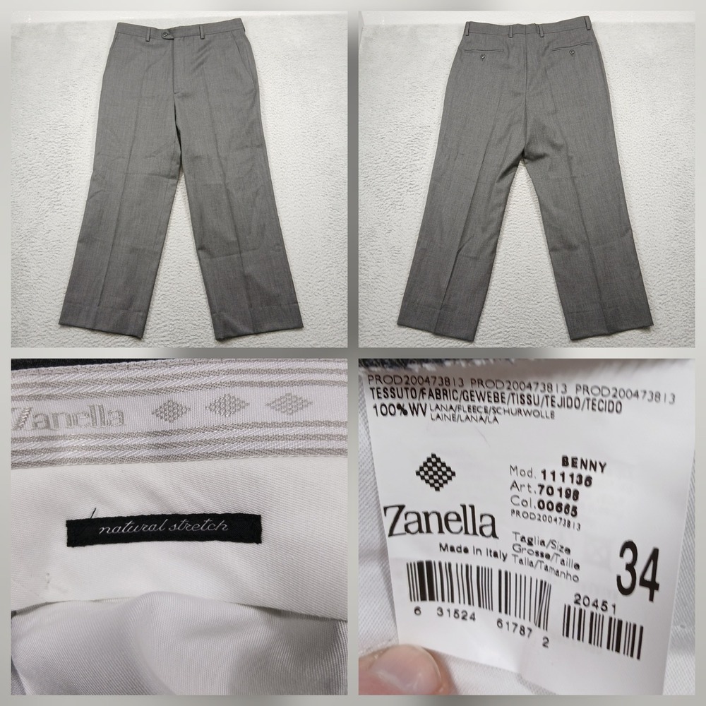 Zanella Wool Dress Pants Mens 34 Gray Italy‎ Natural Stretch Benny